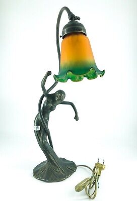 Lampada da tavolo in ottone liberty con donna e vetro sfumato verde arancio