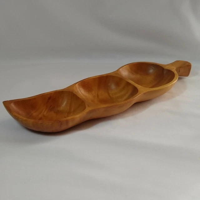 Pea Pod Bean Pod Monkey 3-Section Wood Serving Bowl Nuts / Candy Dish