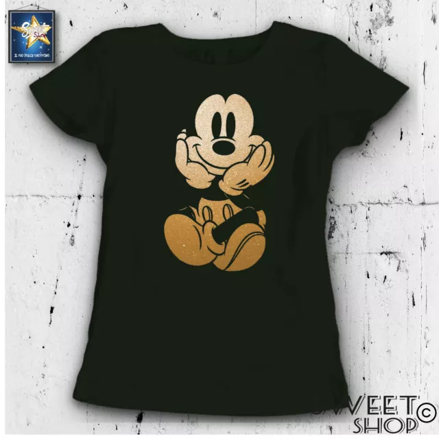 T-shirt MAGLIETTA DONNA mickey mouse topolino IDEA REGALO COMPLEANNO GLITTER