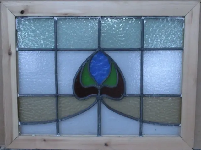 MIDSIZE OLD ENGLISH LEADED STAINED GLASS WINDOW Abstract Floral 24" x 18.25"