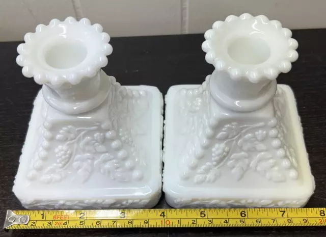 SET - 2 Vtge  Westmoreland Paneled Grape Beaded Candle Holders White Milk Glass