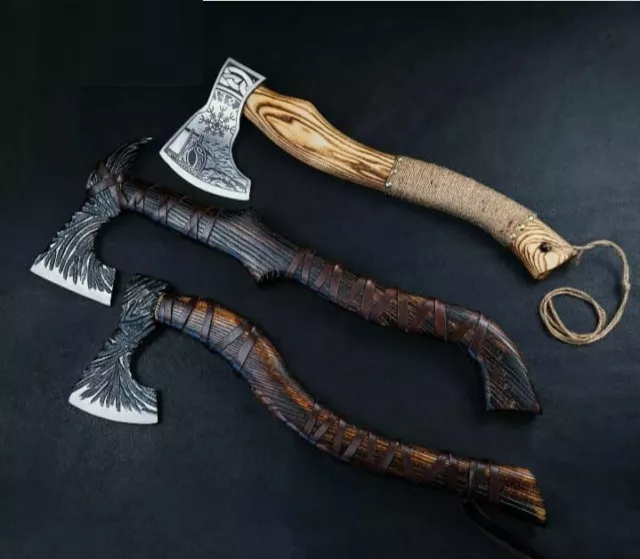 3 Custom Hand Forged Carbon Steel Ashwood Handle Viking Tomahawk Hatchet Axe
