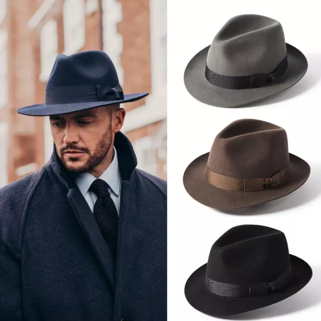 Failsworth Chester 100% Wool Trilby Fedora Hat In Black Brown or Grey Sized