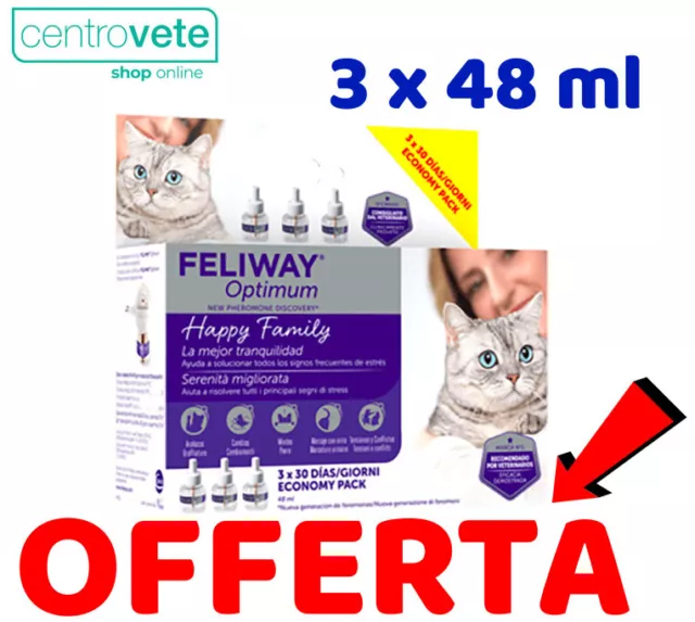 FELIWAY Optimum - 3 Ricariche da 48 ml ⇢ Contro Stress Ansia di Gatti Domestici