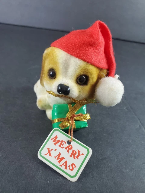 Vintage Josef Originals Flocked Merry Xmas Puppy Beagle Basset Hound Figurine