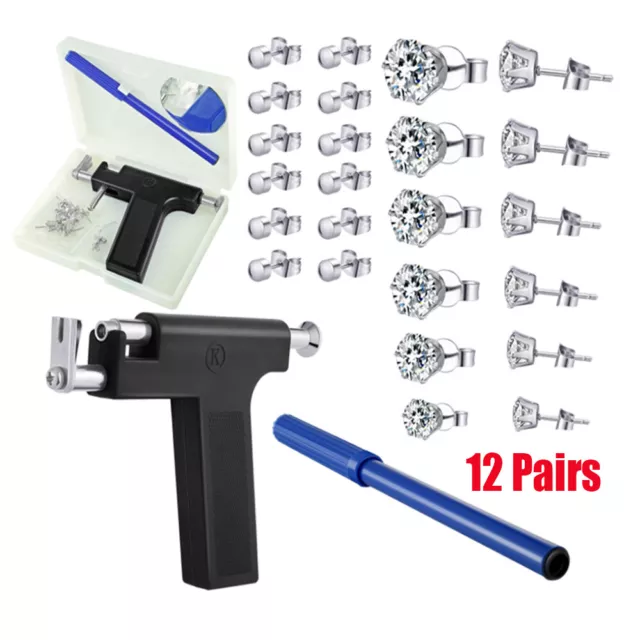 New Professional Steel Ear Nose Navel Body Piercing Gun & 12 Pair Studs Tool Kit