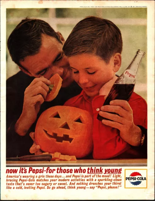1963 Pepsi-Cola father son Halloween pumpkin carving photo vintage print ad b7