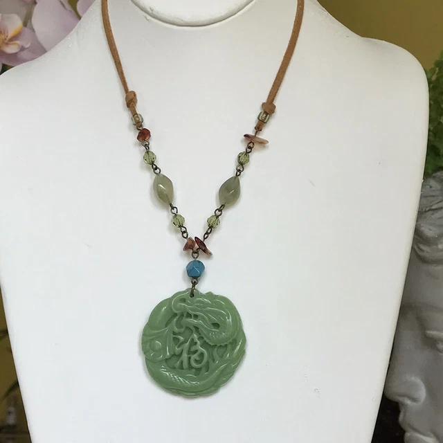 Chinese Dragon Green Resin Crystals Pendant Necklace