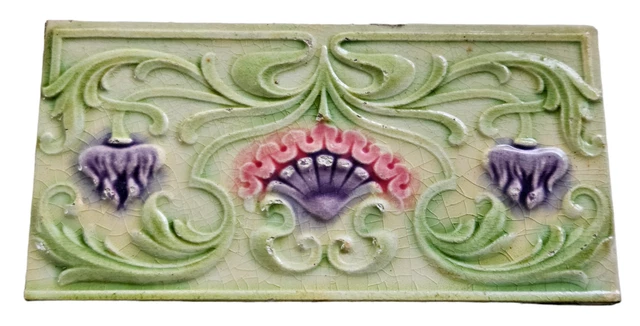 Antique Art Nouveau Majolica Floral Tile~Circa 1900 ~ 3" X 6"