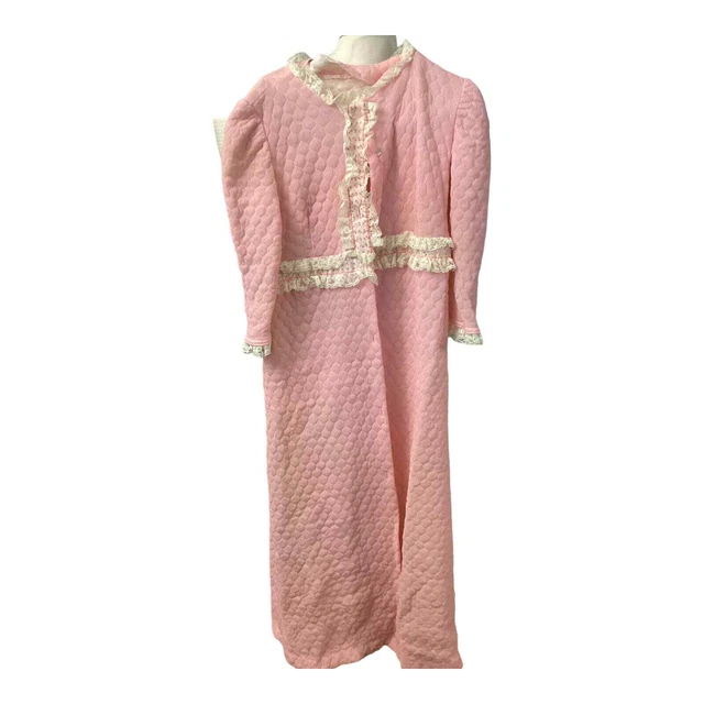 Vintage Womens Girls Pink Quilted Lace Long Robe Housecoat 60s 70s