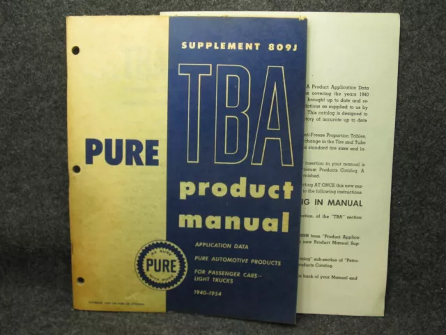 VTG 1954 Pure Oil Co TBA Product Manual Supplement 809J for Passenger Cars Truck