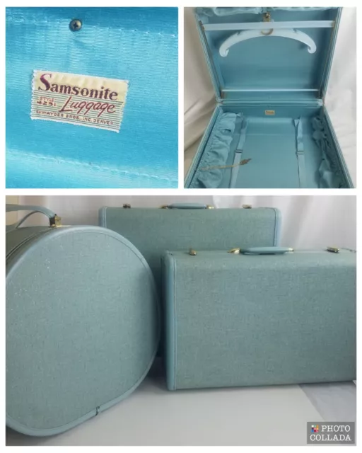 Samsonite Shwayder Bros Luggage 3 Pc Set Suitcases Hat Box Lt Blue Hangers & Key
