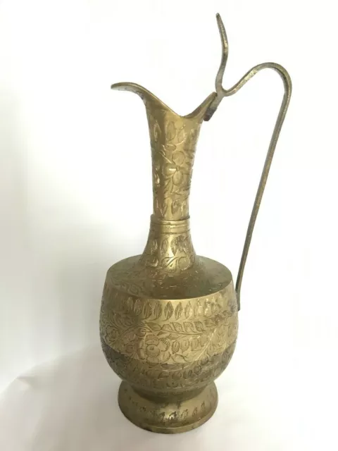 Etched Brass Kettle Tea Pot Water Pitcher Engraved Floral Elongated Handle India