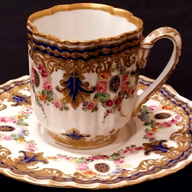 Antique,Sevres Style,Minton?Worcester,Porcelain Set,Gold Gilt And Floral Pattern 2