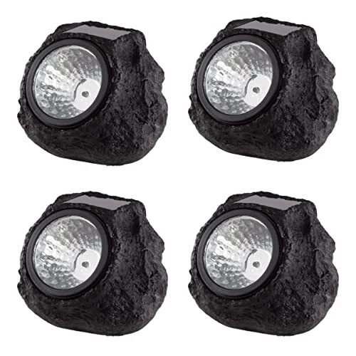 Solar-Powered Rock Outdoor Lights - (L) 4” (W) x 4.5” (H) x 4”, Black & Gray