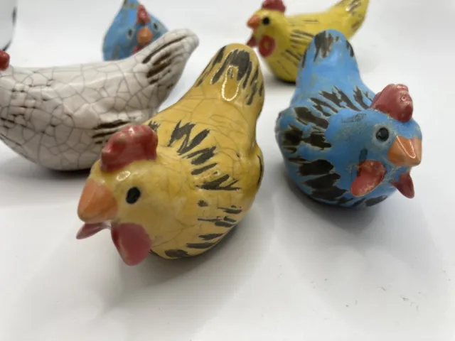 Hand Painted Raku Pottery Chickens Set of Five, Crackle Finish, Modern Farmhouse