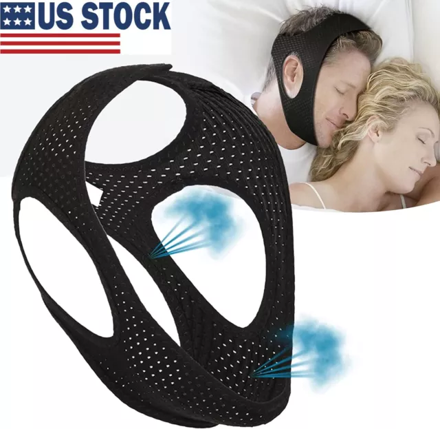 Black Snore Stop Belt Anti Snoring Cpap Chin Strap Sleep Apnea Jaw Solution New