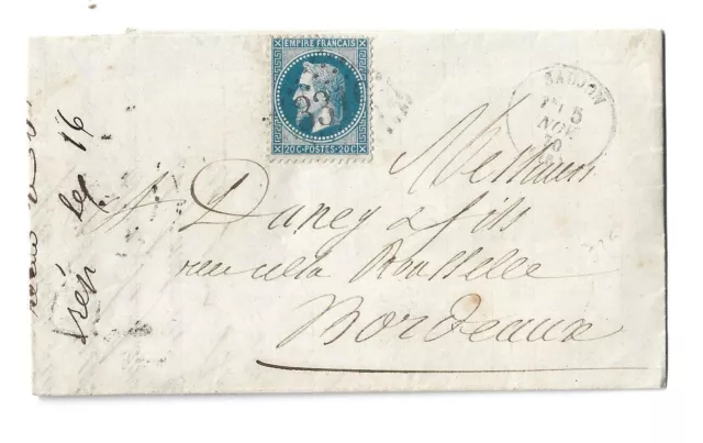 TIMBRE SUR LETTRE 1870 NAPOLEON 20c de SAUJON vers BORDEAUX, LAC