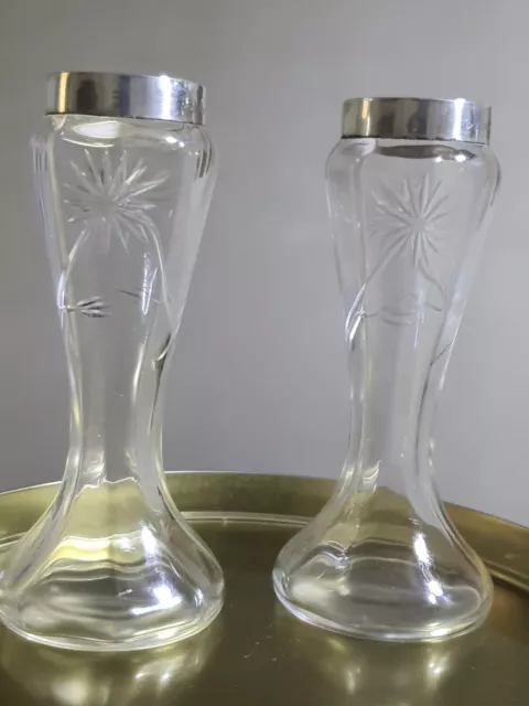 Pair Of Antique Beautiful Glass Vases,Sterling Silver Rim Birmingham Edwardian