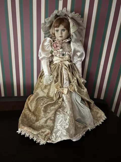 VTG Bisque Fashion Porcelain 19” Victorian Doll, Blue Eyes,  Brown Curly Hair