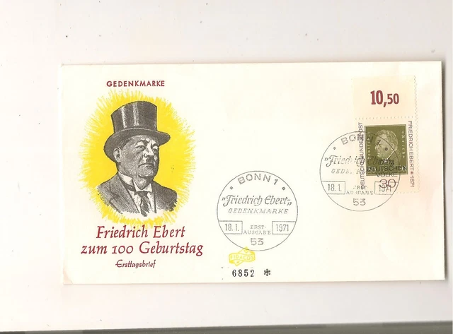 BRD FDC Mi.Nr 659 "100. Geburtstag von Friedrich Ebert" -mit Oberrand