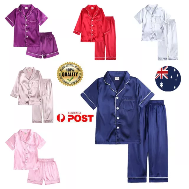 Kids Boys Girls Satin Silk Pyjamas Set Nightwear Pjs Sleepwear Top Pants Outfits