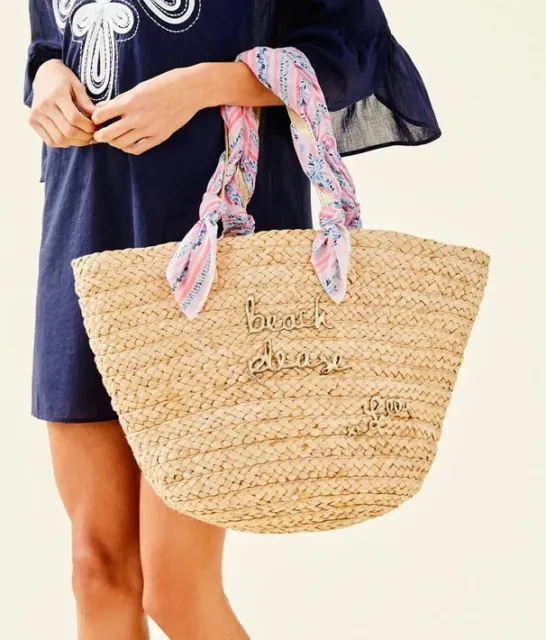 NEW Lilly Pulitzer PLAYA BLANCA STRAW TOTE Natural Scarf Handles Beige