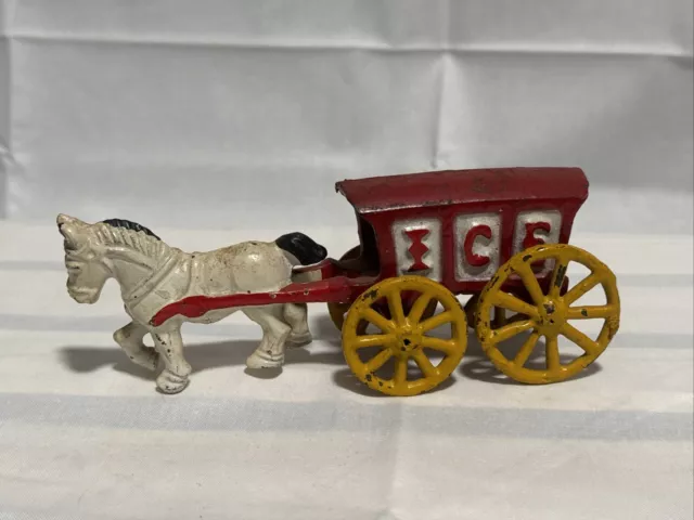 Antique Vintage Heavy Cast Iron Toy Horse Drawn Ice Wagon  Hubley