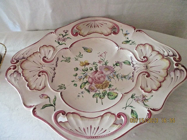 Plat Carré Ancien Bruno Evrard – Décor Floral, Fond Vert Pomme – Porcelaine Française