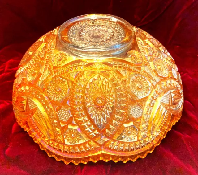 Imperial Marigold LONG HOBSTAR CARNIVAL GLASS 10” BOWL with Scalloped Edges