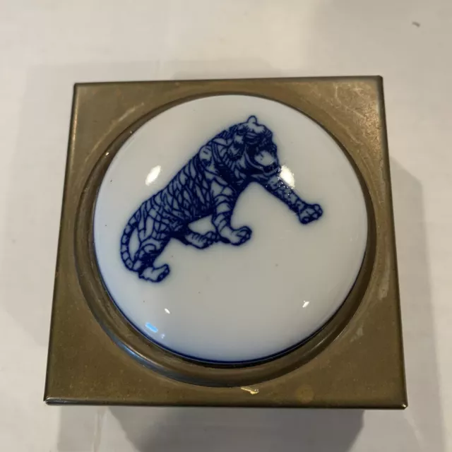 Vintage Brass And Porcelain Lidded Container Tiger Trinket Box