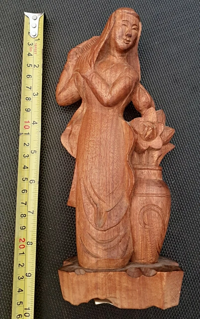 Vintage Wood Art Sculpture Wooden HandCarved Statue Woman Teakwood Vietnam
