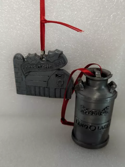 Land O' Lakes Pewter Christmas Ornaments Lot Of 2. 1988 Milk Can, 1991 Barn