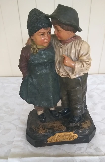 ANCIENNE SCULPTURE STATUETTE Couple Enfants Platre Publicitaire EUR 17,99 - FR