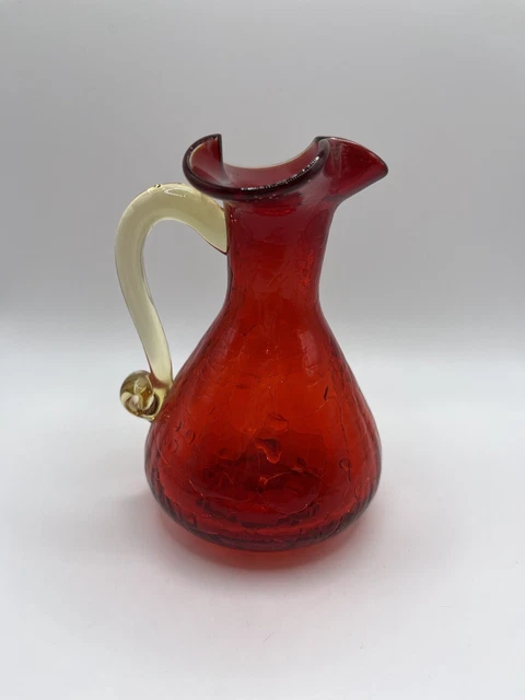 Ruby Red Crackle AMBERINA ART GLASS VASE PITCHER Creamer RUFFLE RIM HAND BLOWN