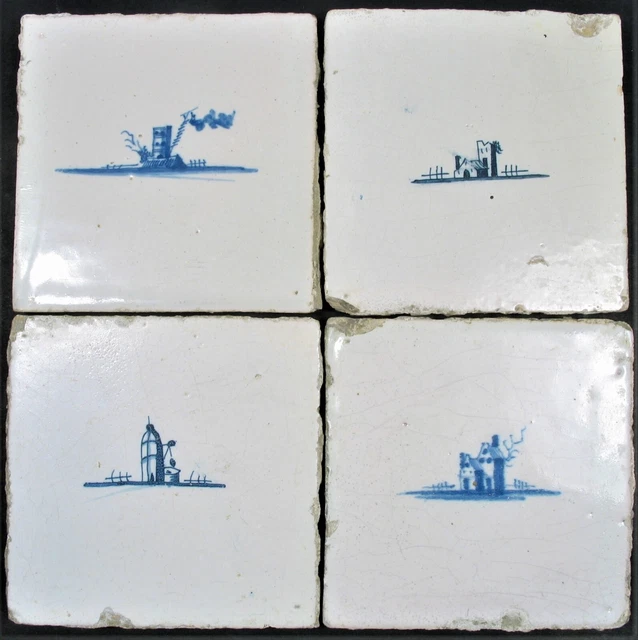 4 Antique Original Blue & White Delft Tiles Dutch Farm Landscapes 17th Century
