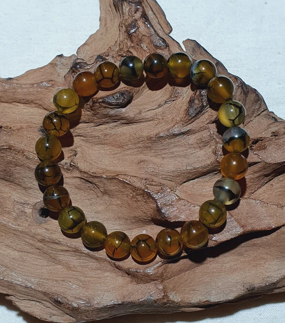 Bracelet Lithothérapie Agate Veine De Dragon - Bleu - Élastique 18,3 Cm - Neuf