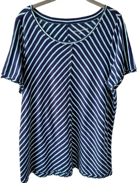 Soft Surroundings Indra Stripe Tee Tunic Top Size L Navy &Aqua Pima Cotton