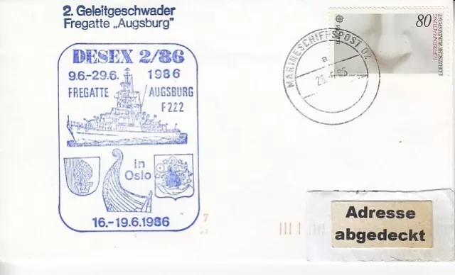 F 222 Fregatte AUGSBURG, Bundesmarine, Marine-Schiffspost, Beleg mit MSP01-1986