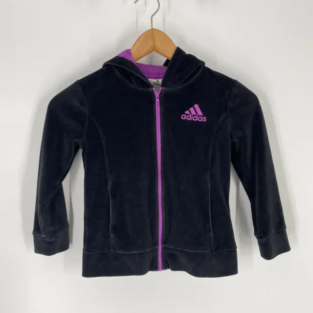 Adidas Girls Velour Full Zip Hoodie Long Sleeve Black/Purple Size 6