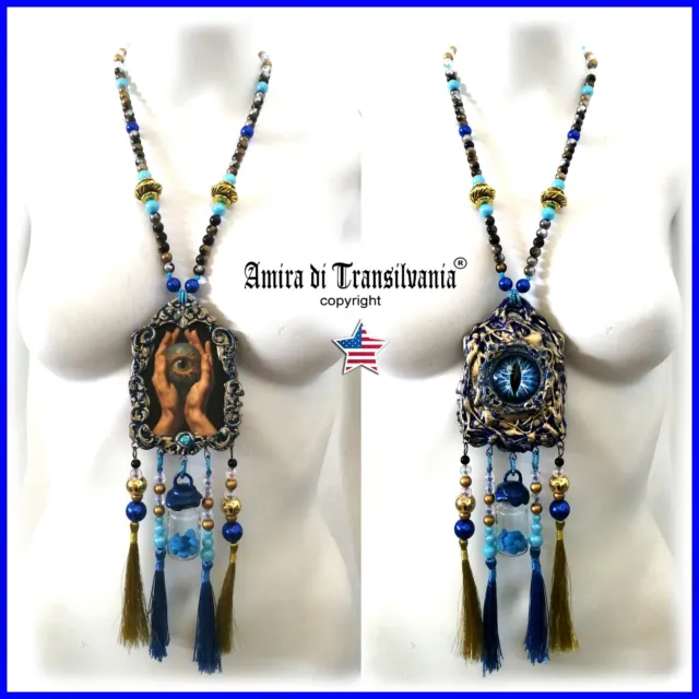 blue eye fashion necklace art deco nouveau jewelry pendant retro world globe bib