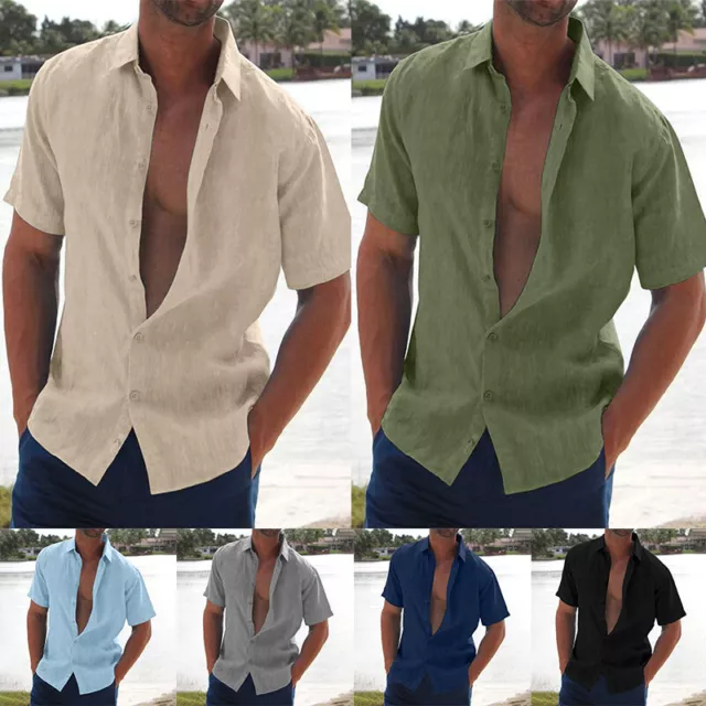 Men's Casual Button Down Shirts Short Sleeve Beach Linen Cotton Summer Shirt T