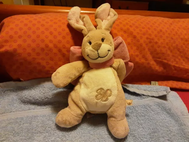 Doudou Peluche Lapin Beige Crème Fleur Nœud Rose 27CM Noukies Tbe