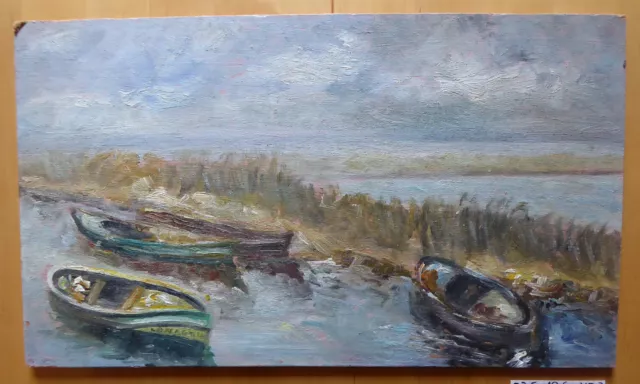 Viejo Pintado Estilo Impresionista Paisaje Laguna Barcos España Firmado MD3