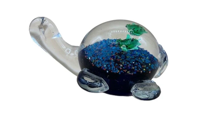 Hand Blown Art Glass Paperweight Blue Turquoise Turtle with Babies on Back.