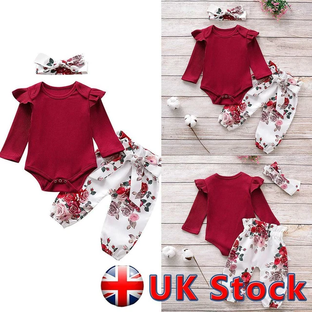 3Pcs Toddler Baby Girls Clothes Ruffle Romper Tops Floral Pants Headband Outfits
