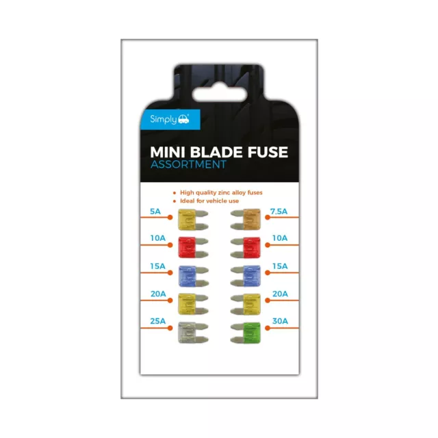 Simply 10 pcs Assorted Mini Blade Car Fuses ATM - 5 7.5 10 15 20 25 30 Amps