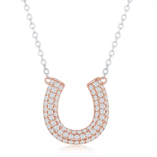 Silver Micro Pave Cubic Zirconia Horseshoe Necklace - Rose Gold Plated