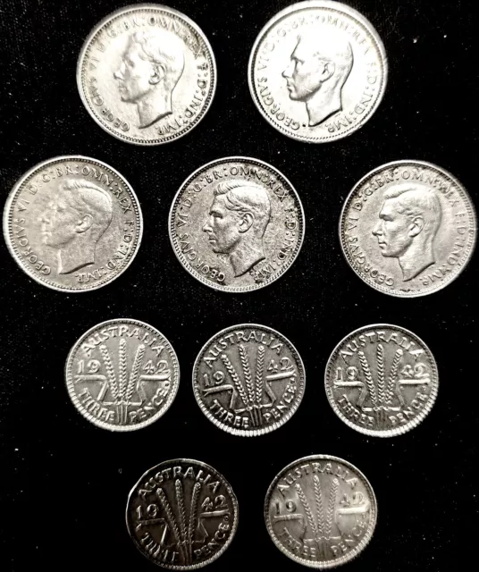 1942-D Australia George Vi  6 & 3  Pence Sterling Silver Coins Au & Bu