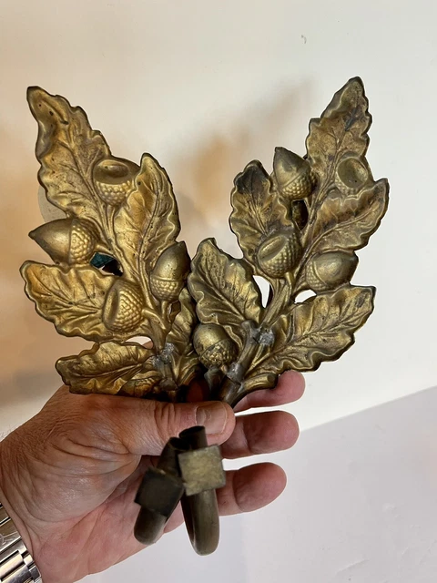 PAIR Rare Antique Victorian Glass Acorn Gilt Brass Curtain Drapery Tie Back 7